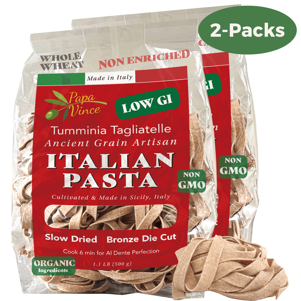 Low GI Pasta Tagliatelle, Whole Wheat, Non GMO, Organic, Non Enriched, Made in Italy, no low-gluten, no folic acid, ancient grain, bronze die cut, cold stone, ground al dente, front Papa Vince