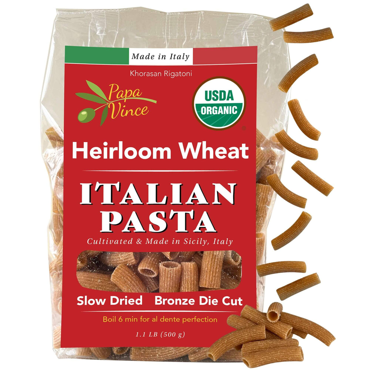 Organic Italian Heirloom Pasta Rigatoni, Whole Wheat, Non GMO, Organic, Non Enriched, Made in Italy, no low-gluten, no folic acid, ancient grain, bronze die cut, cold stone, ground al dente, front Papa Vince