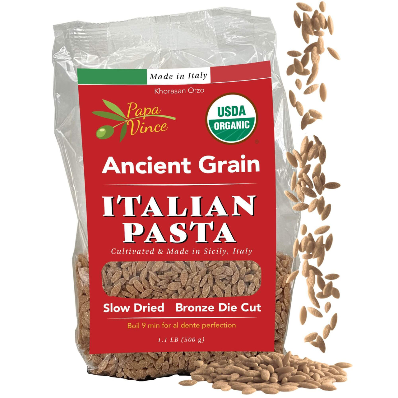 Papa Vince Organic Whole Wheat Non Enriched Low Gluten Italian Orzo Pasta made in Italy from Organic Non GMO Khorasan Ancient Grain grown in Sicily. Slow Dried Bronze Die Cut. High in Selenium & Zinc