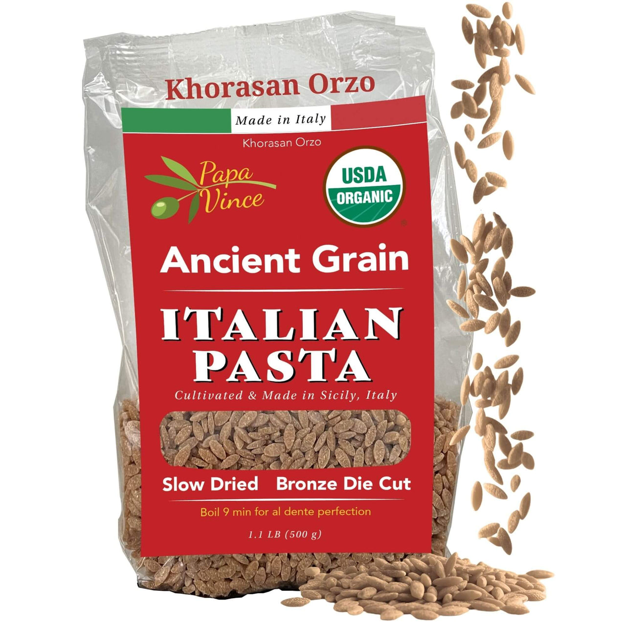Papa Vince Organic Whole Wheat Non Enriched Low Gluten Italian Orzo Pasta made in Italy from Organic Non GMO Khorasan Ancient Grain grown in Sicily. Slow Dried Bronze Die Cut. High in Selenium & Zinc