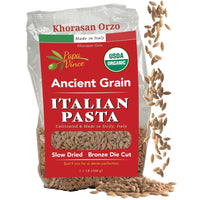 Thumbnail for Papa Vince Organic Whole Wheat Non Enriched Low Gluten Italian Orzo Pasta made in Italy from Organic Non GMO Khorasan Ancient Grain grown in Sicily. Slow Dried Bronze Die Cut. High in Selenium & Zinc