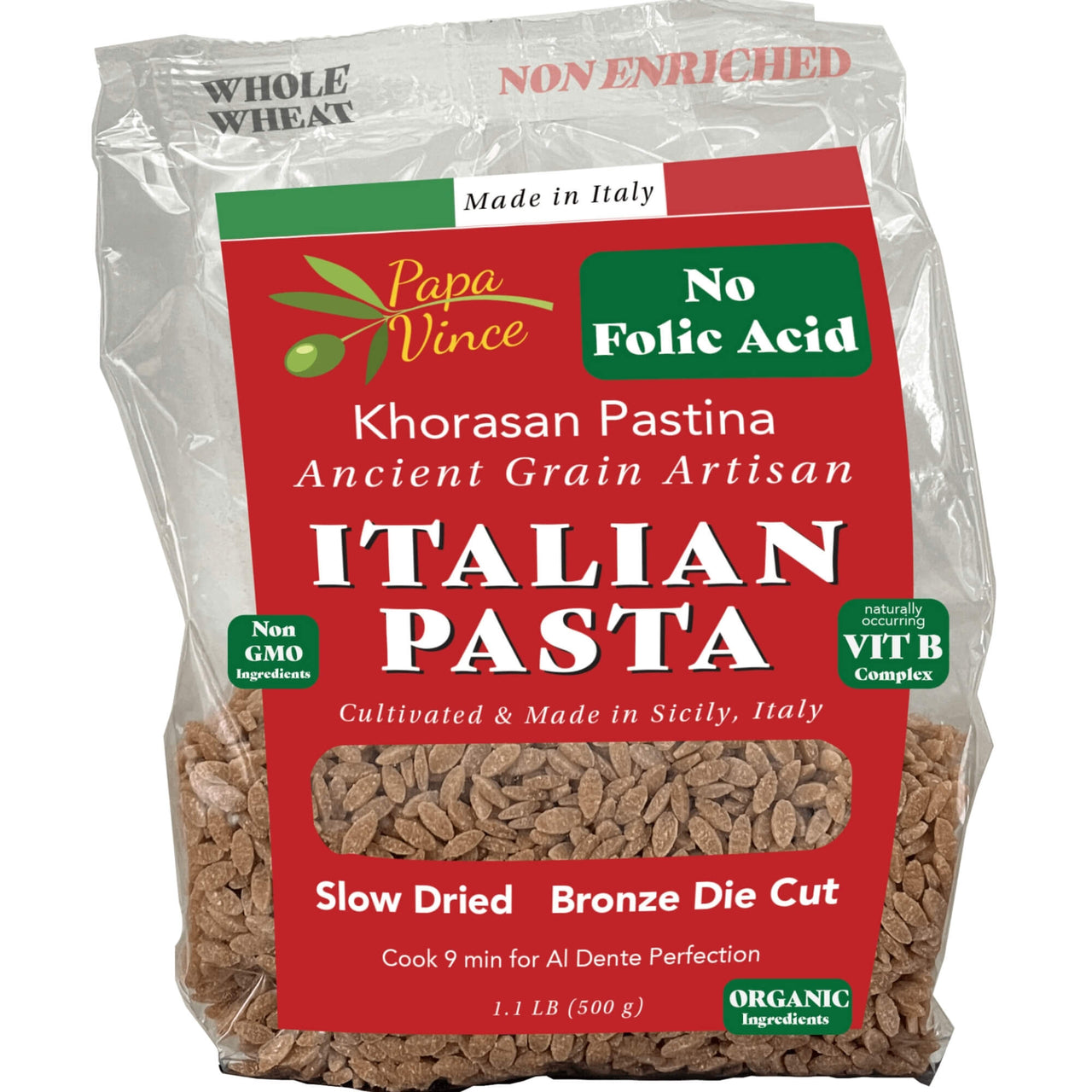 Papa Vince Whole Wheat Non Enriched Pastina_ Low Gluten Italian Pasta made in Italy from Organic Non GMO Khorasan Ancient Grain grown in Sicily. Slow Dried Bronze Die Cut. High in Selenium & Zinc