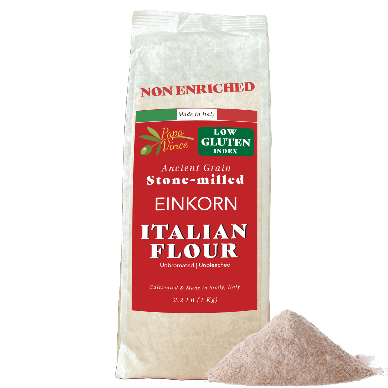 Papa Vince Einkorn Italian Flour – 100% stone-milled ancient grain with a low gluten index, made in Italy.