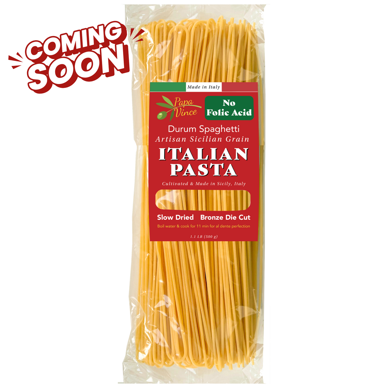 Papa Vince Durum Spaghetti Pasta made from artisan Sicilian grain. Slow-dried and bronze die-cut for superior texture and sauce absorption. 100% whole wheat, non-GMO, and free from folic acid. Authentic Italian pasta made in Sicily.