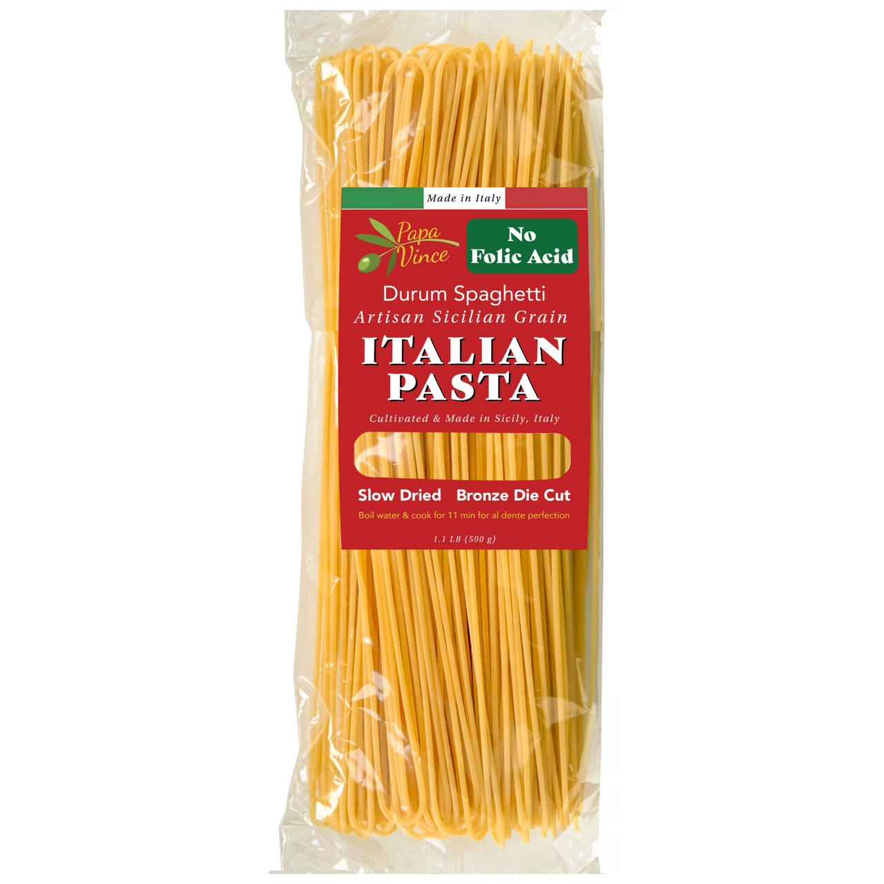 Papa Vince Durum Spaghetti Pasta made from artisan Sicilian grain. Slow-dried and bronze die-cut for superior texture and sauce absorption. 100% whole wheat, non-GMO, and free from folic acid. Authentic Italian pasta made in Sicily.