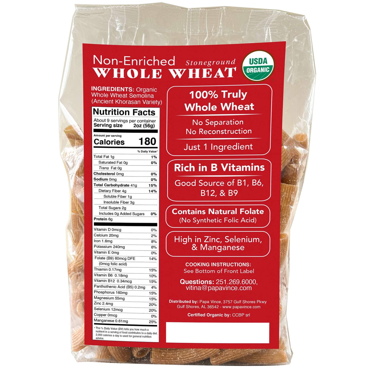 Organic Italian Heirloom Pasta Rigatoni, Whole Wheat, Non GMO, Organic, Non Enriched, Made in Italy, no low-gluten, no folic acid, ancient grain, bronze die cut, cold stone, ground al dente, nutritional panel, Papa Vince