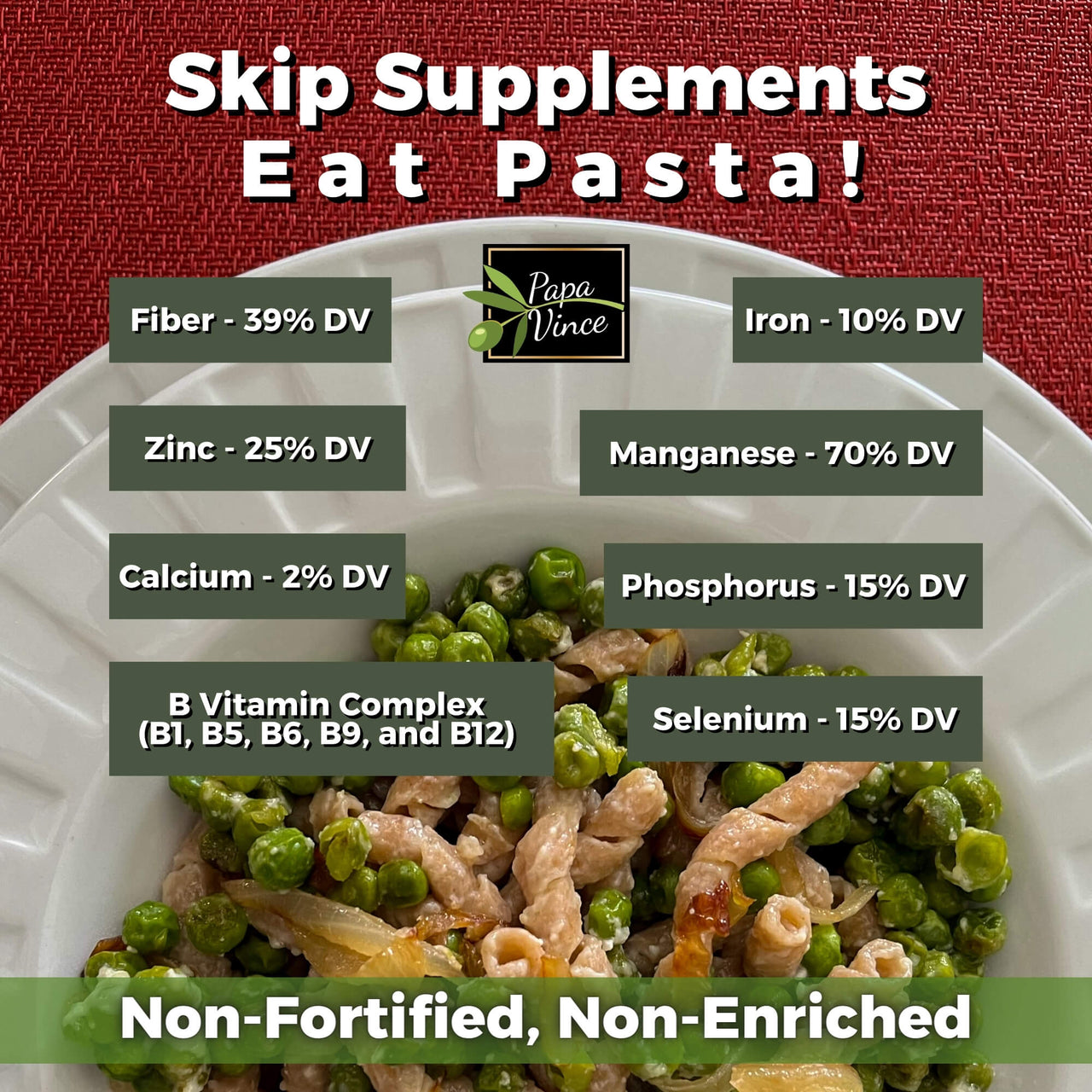 Whole wheat pasta, non Enriched, no folic acid, low gluten ancient grains, non-gmo, organic, sicily Italy skip supplements eat pasta, Papa Vince