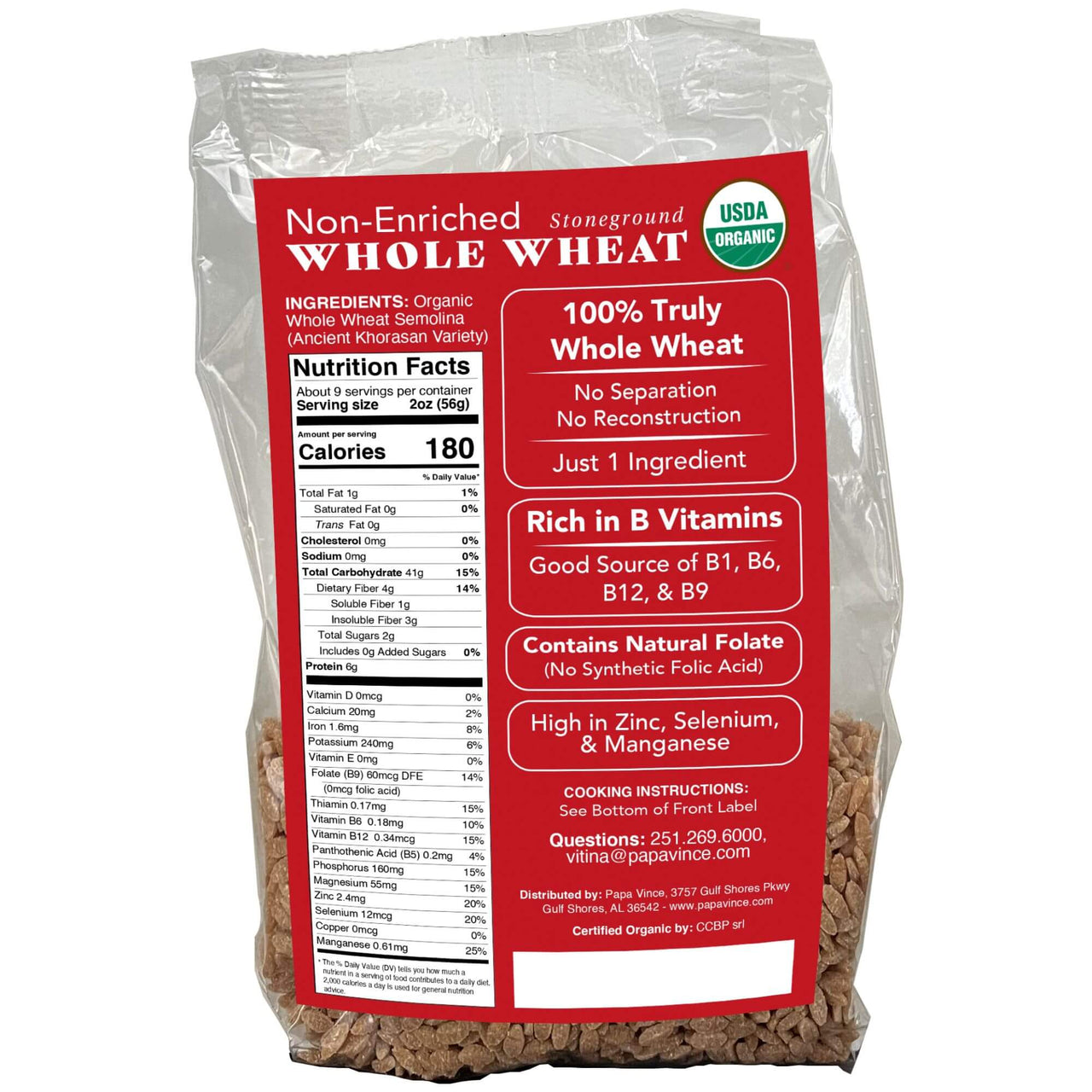 Papa Vince Organic Whole Wheat Non Enriched Low Gluten Italian Orzo Pasta made in Italy from Organic Non GMO Khorasan Ancient Grain grown in Sicily. Slow Dried Bronze Die Cut. High in Selenium & Zinc