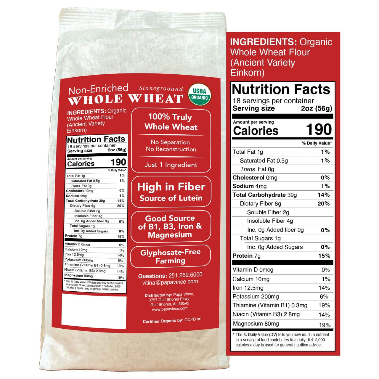 Papa Vince Whole Wheat Einkorn Flour with nutrition facts, highlighting high fiber, protein, and essential minerals.