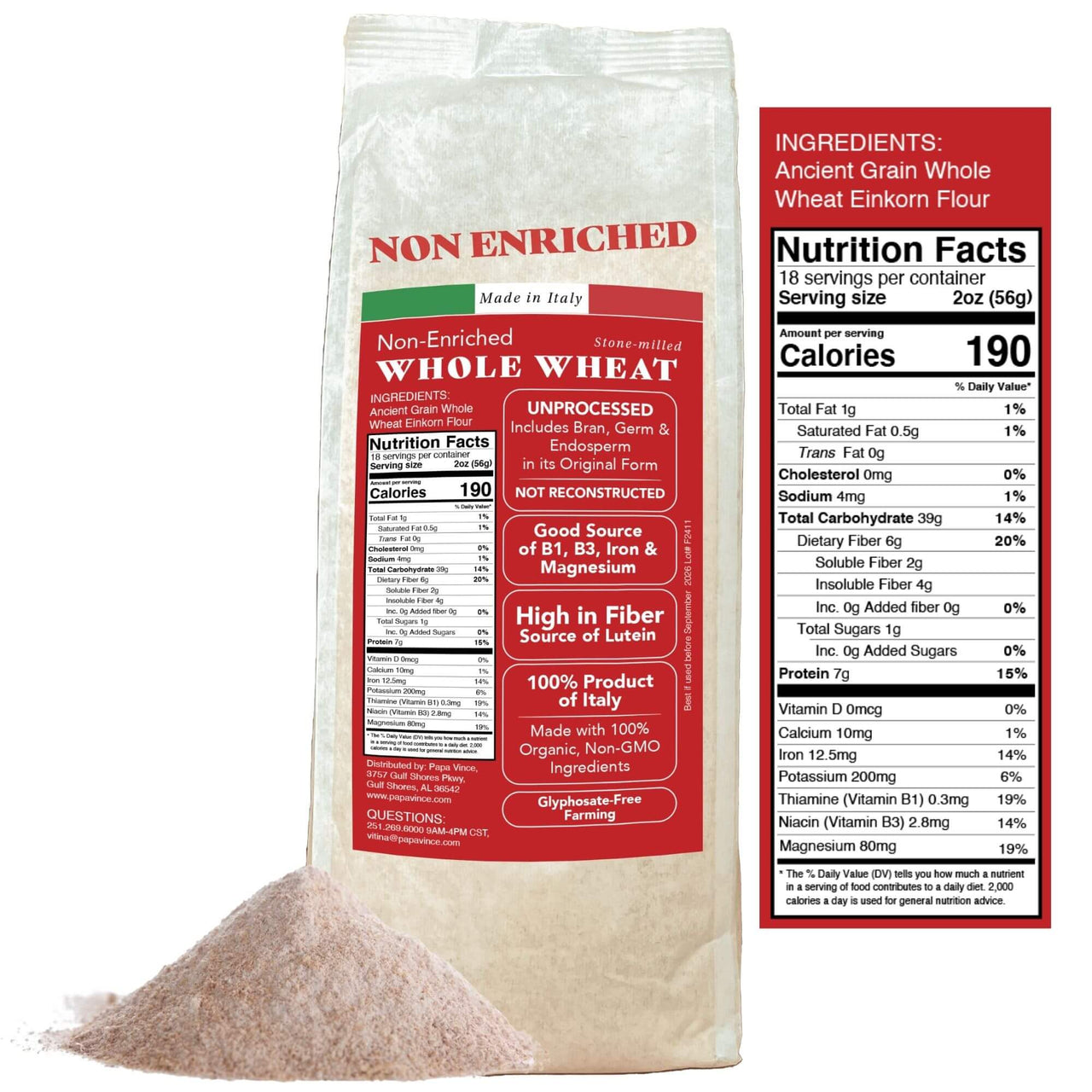 Papa Vince Whole Wheat Einkorn Flour with nutrition facts, highlighting high fiber, protein, and essential minerals.