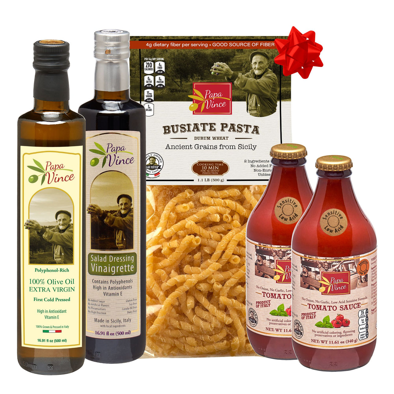 Food Basket Gift from Sicily - Gourmet Farm Fresh Clean Food from Artisans in Italy | Extra Virgin Olive Oil, Salad Dressing, Busiate Durum Pasta, Cherry Tomato Sauce | Papa Vince