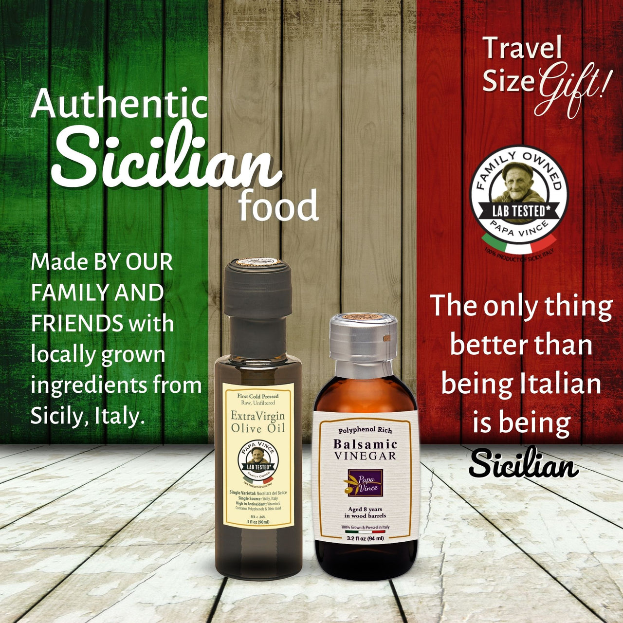 Olive Oil Set from Sicily - Extra Virgin Olive Oil & Moscato Balsamic Vinegar Gift from Italy | EVOO First Cold Pressed | Balsamic Vinegar Aged 8-years | Papa Vince | 3 fl oz bottles