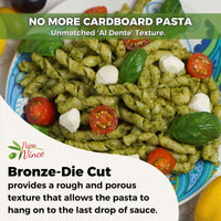 Thumbnail for NO MORE CARDBOARD PASTA.  Papa Vince Unmatched ‘Al Dente’ Texture. Bronze-Die Cut. provides a rough and porous texture that allows the pasta to hang on to the last drop of sauce.