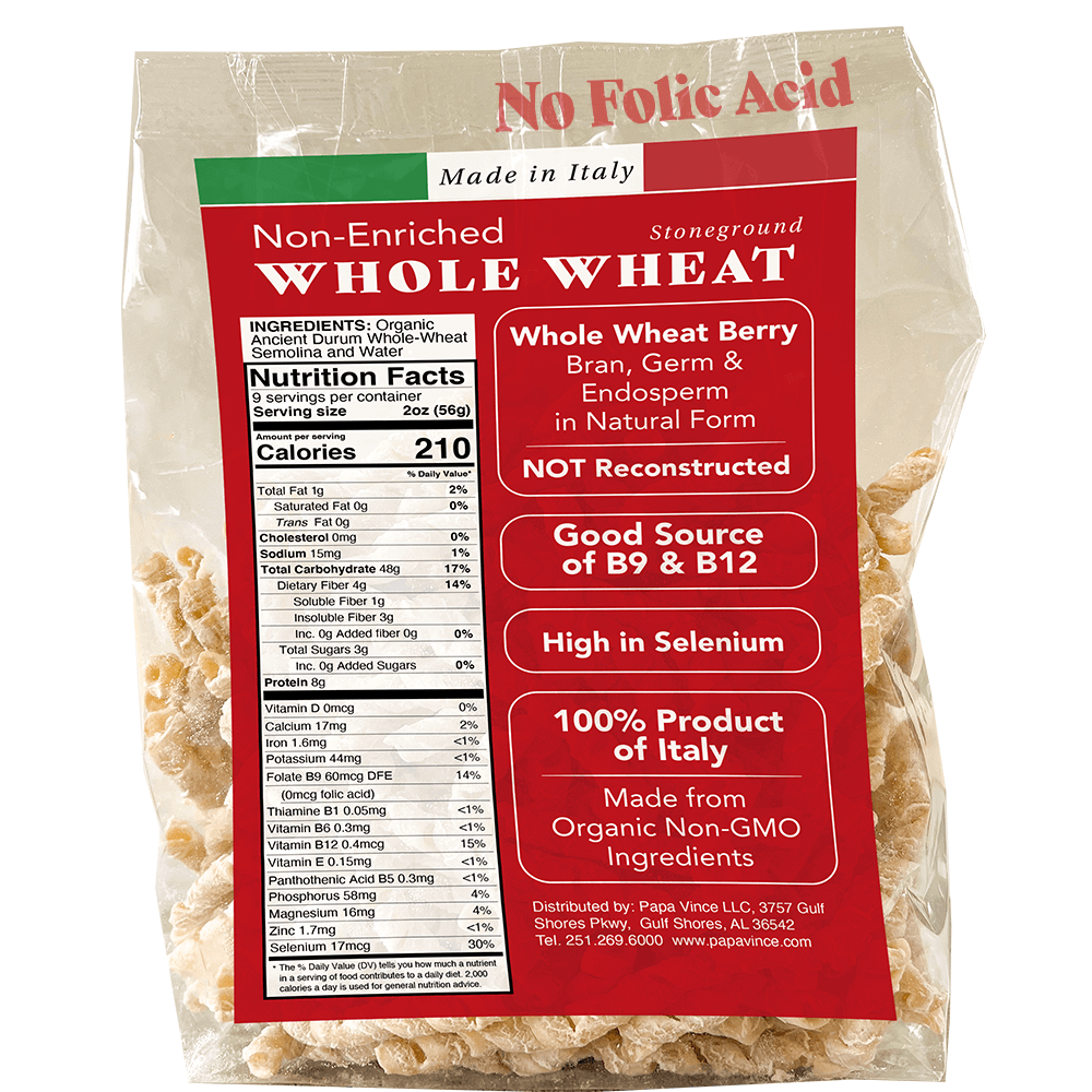 Papa Vince Non Enriched Pasta - good whole wheat busiate pasta, made in Italy from ancient grains cultivated in Sicily, Italy. High in Selenium. High in Manganese. High in Folate. High in B9. High in B Complex. No Reconstituted. No Reconstructed