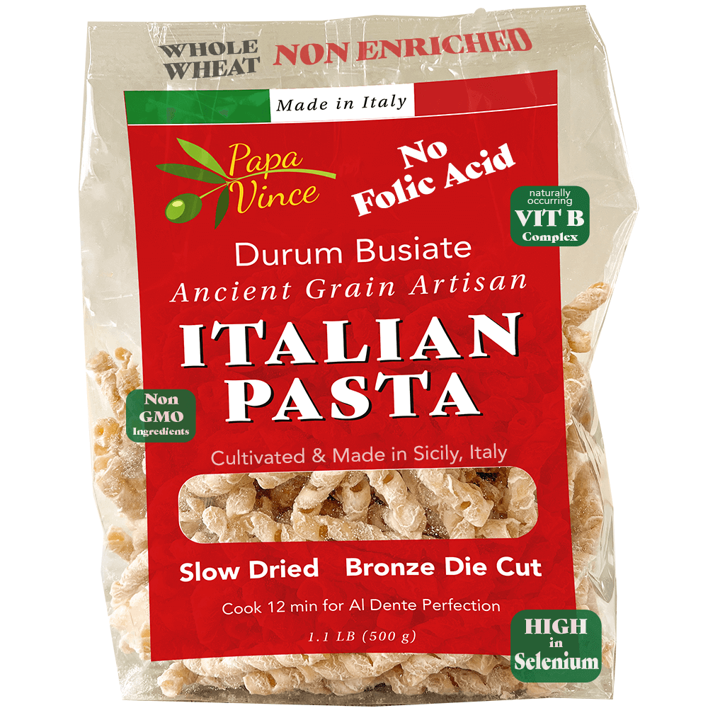 Papa Vince Non Enriched Pasta - Non Fortified good whole wheat busiate pasta, made in Italy from ancient grains cultivated in Sicily, Italy. No Folic Acid. Slow Dried. Bronze Die. Stoneground. Stone Milling. No Bloating. Unbleached. Al Dente. Low Gluten