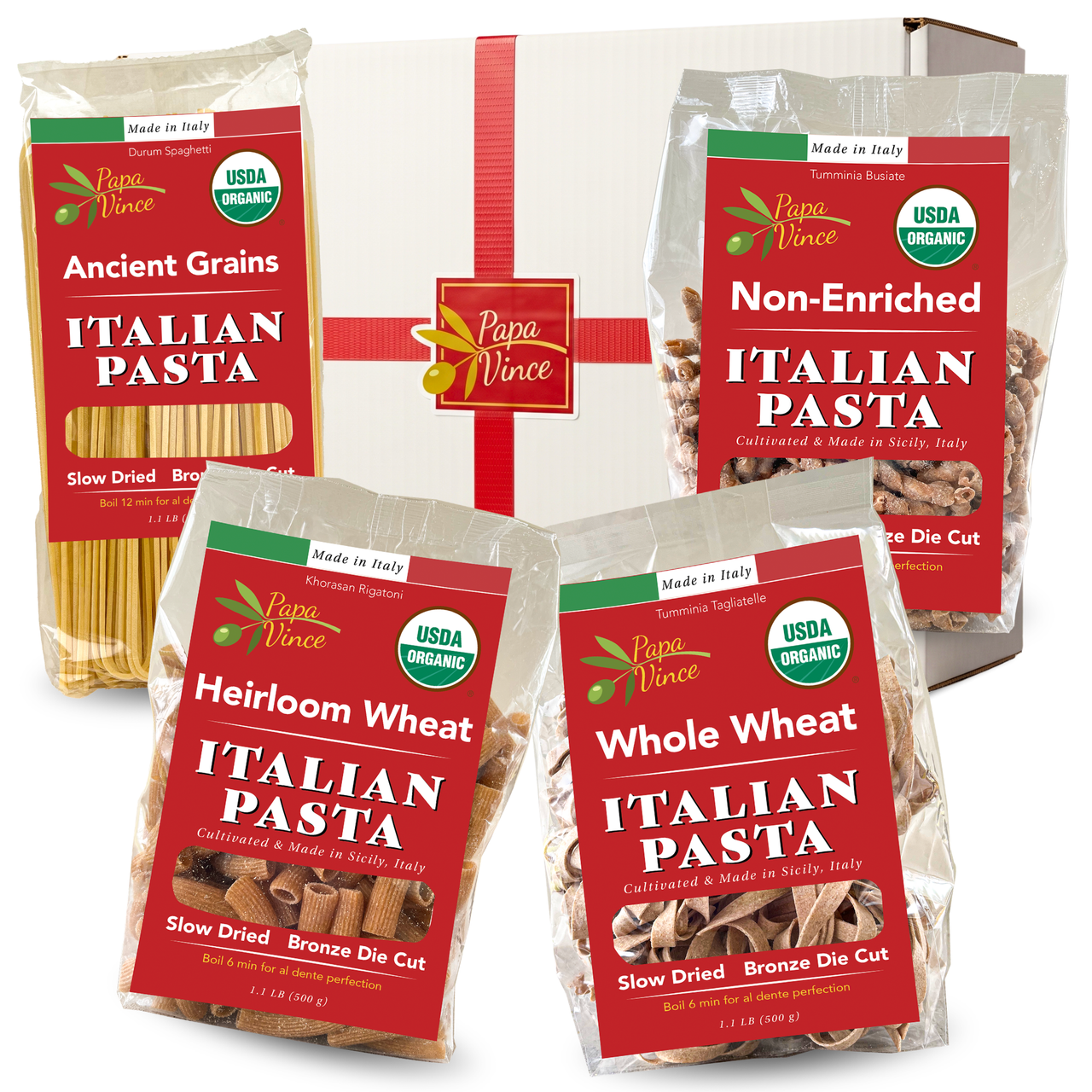 Ancient Grain Pasta 4-Pack: four bags of organic Italian pasta — spaghetti, busiate, rigatoni, tagliatelle — with a gift box, by Papa Vince