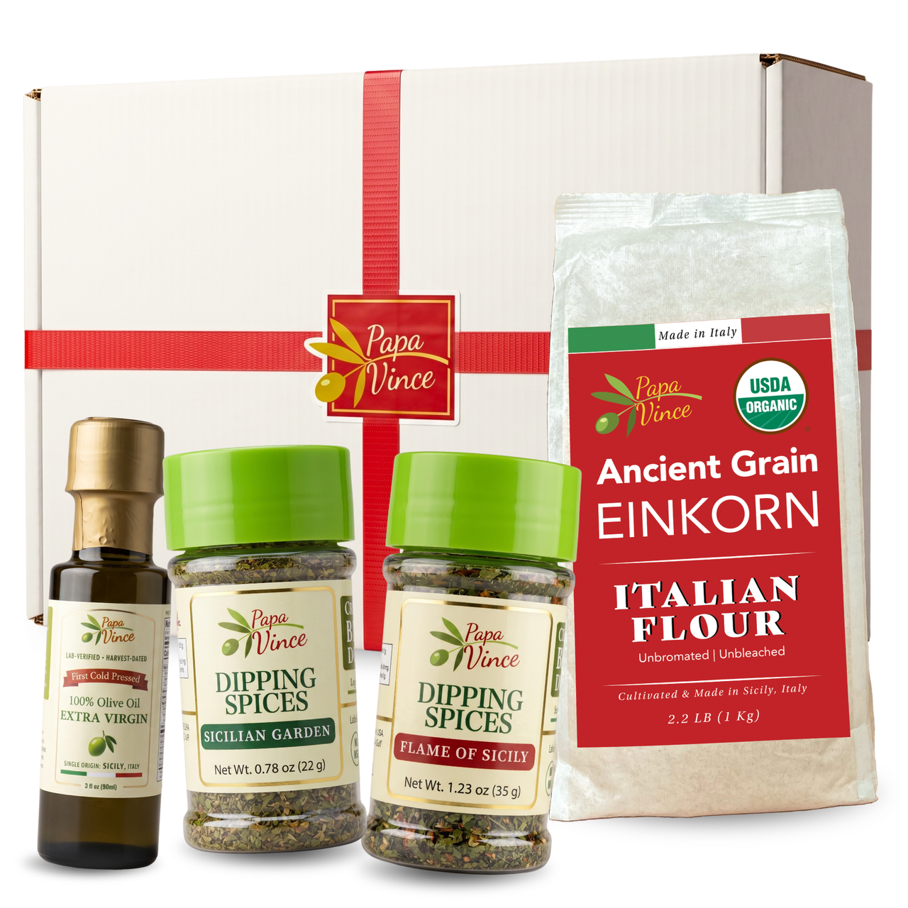 Baker's Bread & Dip Kit: bag of organic einkorn flour, a 3 fl oz olive oil and two dipping-spice jars with a gift box, by Papa Vince