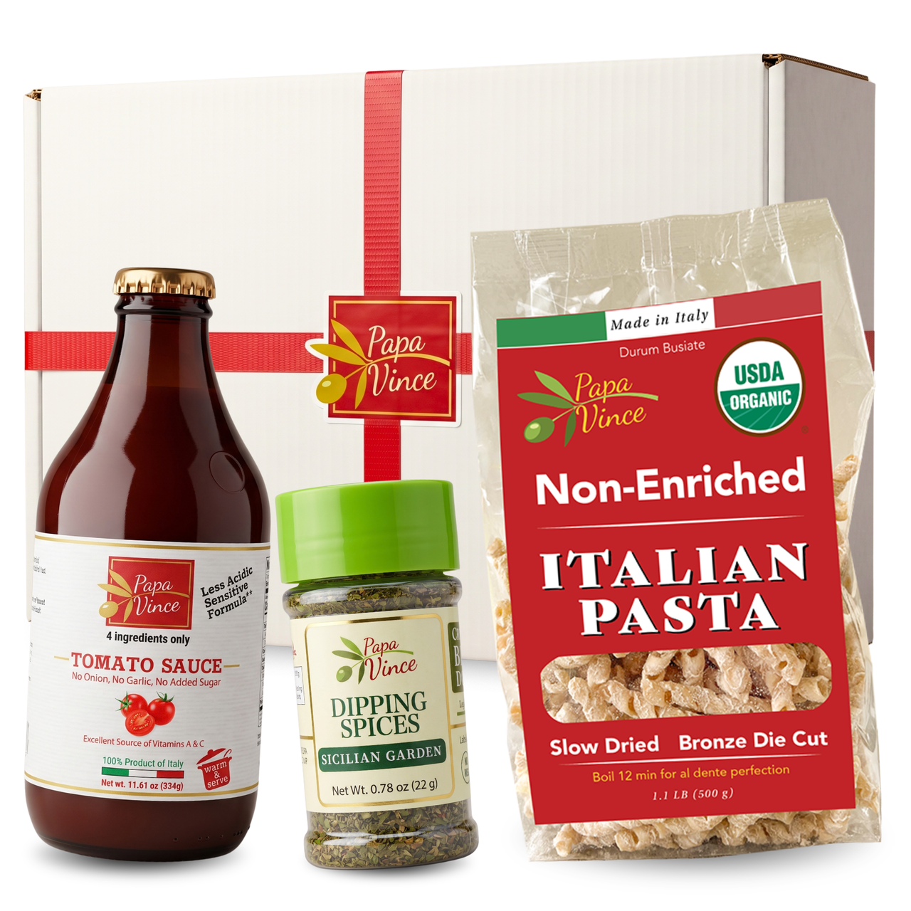 Weeknight Pasta Kit: bag of organic busiate, bottle of tomato sauce and a jar of Sicilian Garden spice with a gift box, by Papa Vince