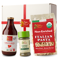 Thumbnail for Weeknight Pasta Kit: bag of organic busiate, bottle of tomato sauce and a jar of Sicilian Garden spice with a gift box, by Papa Vince