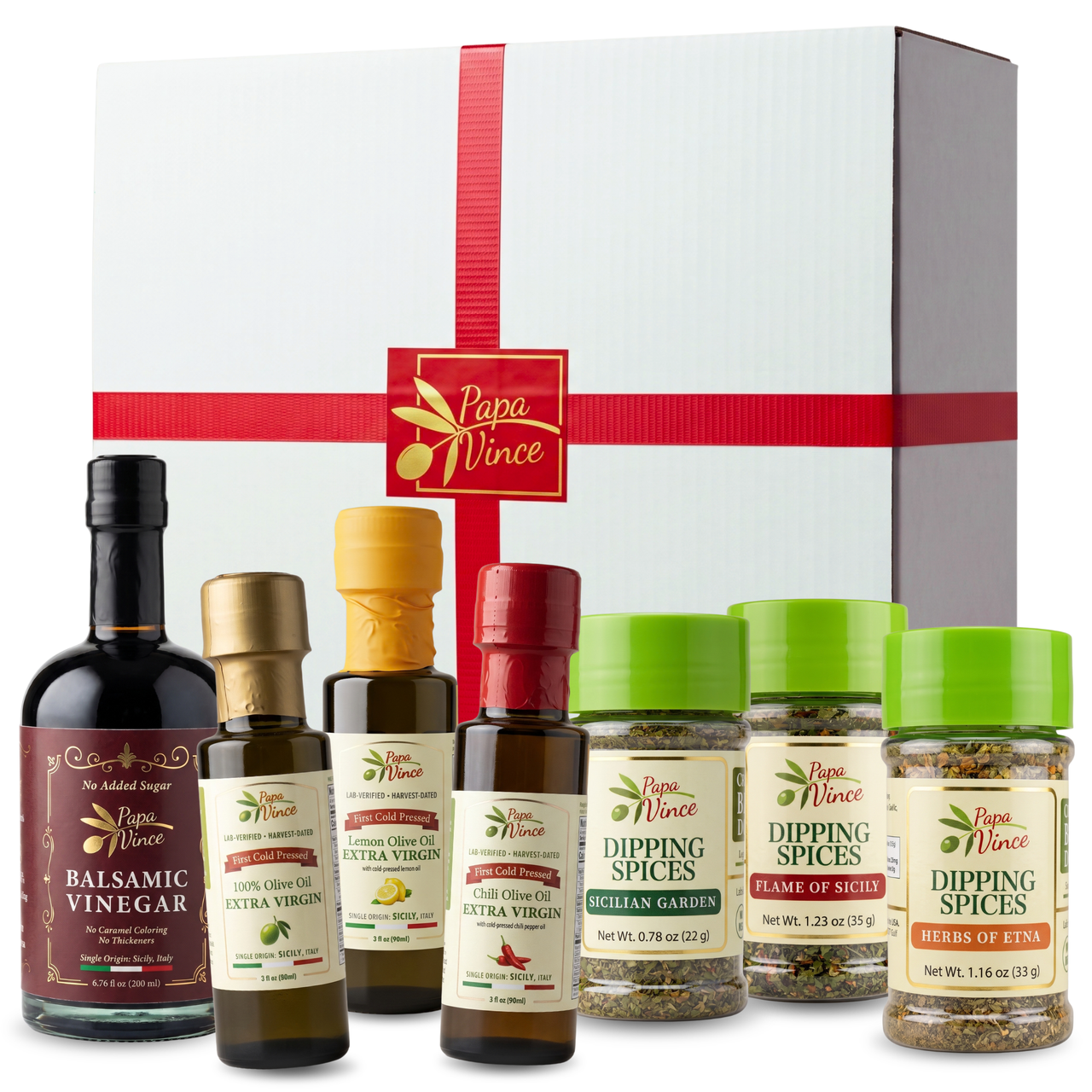 Grand Tasting Box: 500 ml olive oil, balsamic condiment, three 3 fl oz flavored oils and three dipping-spice jars with a gift box, by Papa Vince