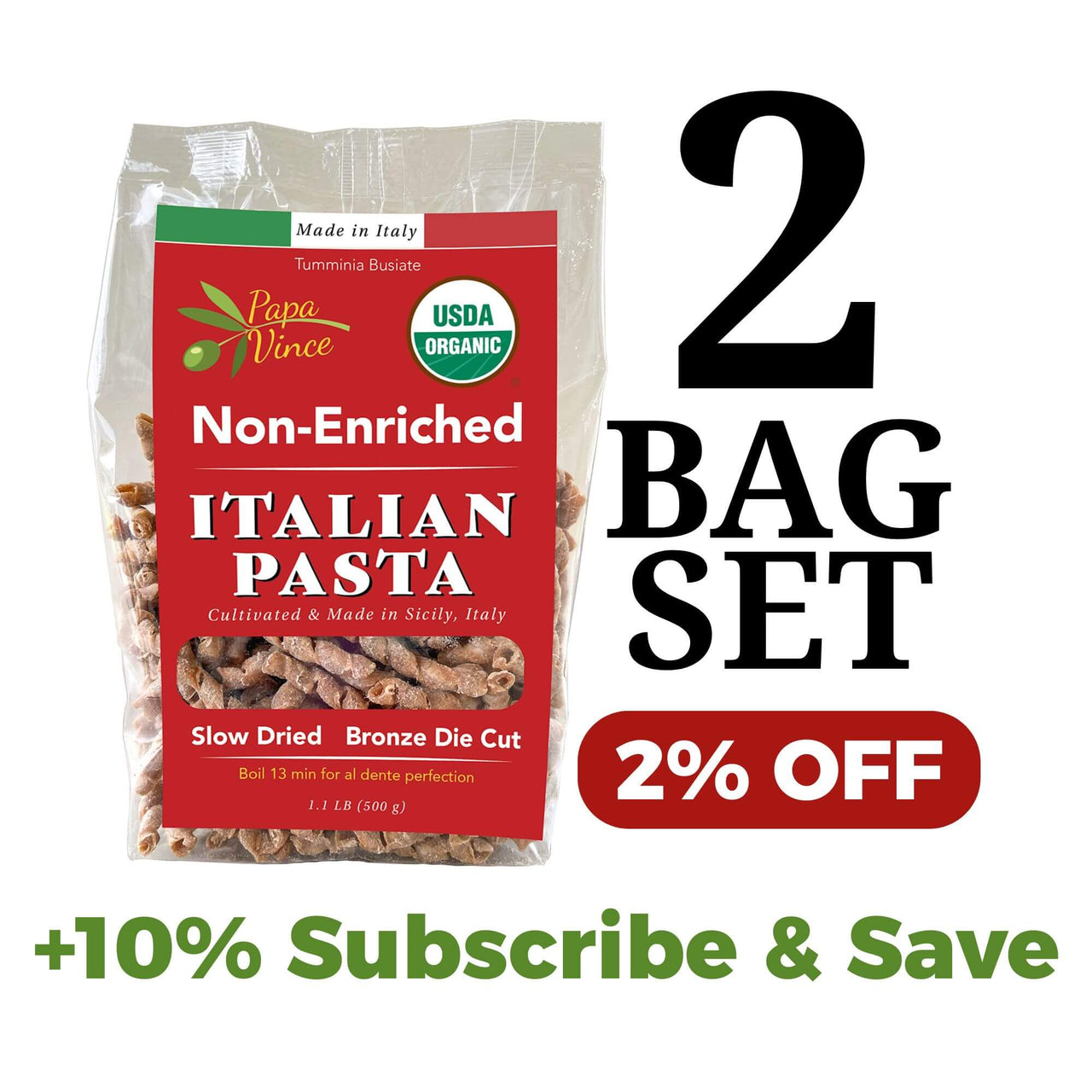 Papa Vince Non Enriched Whole Wheat Pasta - Organic Ancient Heirloom Grain, High Protein, High Fiber, Low GI, Non-GMO, Slow Dried, Bronze Die Cut Artisanal Busiate Corkscrew Pasta