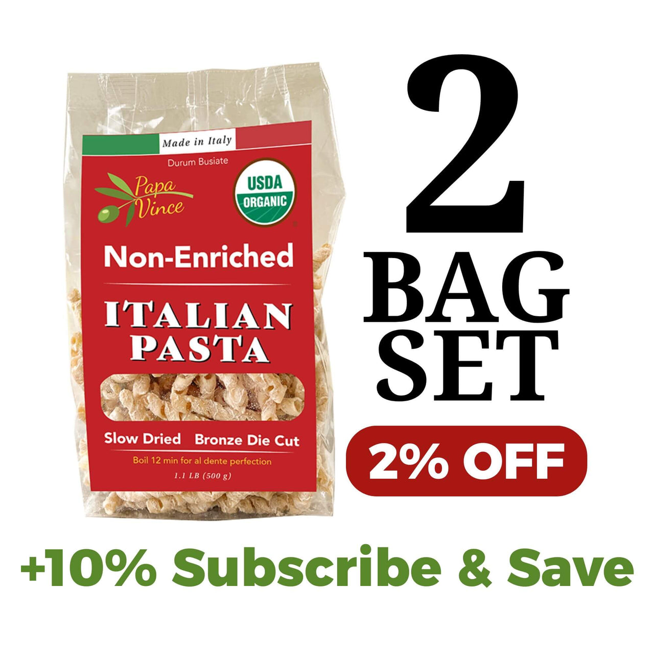 Papa Vince Non Enriched Whole Wheat Pasta - Non Fortified, No Folic Acid, Non-GMO Heirloom Ancient Grains, Artisan Slow Dried, Bronze Die Cut