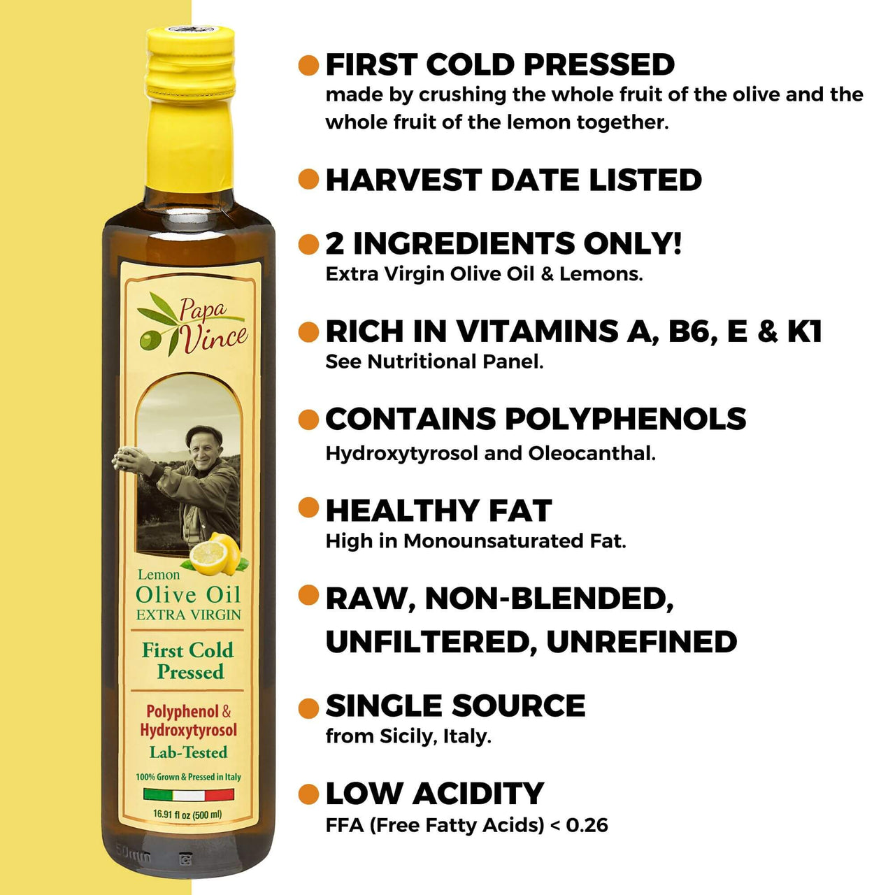 Papa Vince Lemon Olive Oil Extra Virgin First Cold Pressed Agrumato, Harvest 2024/25 Sicily, Italy, NO PESTICIDES, NO CHEMICALS, NO ARTIFICIAL FLAVORS, Unblended Unfiltered, Peppery Finish, 16.9 fl oz
