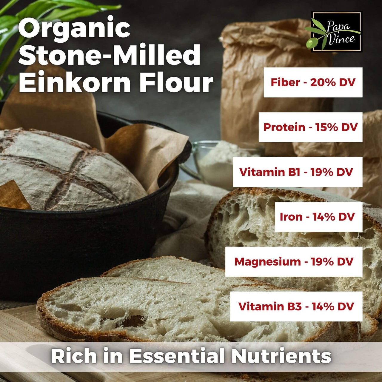 Organic stone-milled einkorn flour rich in fiber, protein, vitamin B1, iron, magnesium, and vitamin B3.