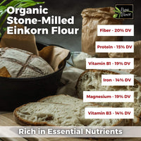 Thumbnail for Organic stone-milled einkorn flour rich in fiber, protein, vitamin B1, iron, magnesium, and vitamin B3.