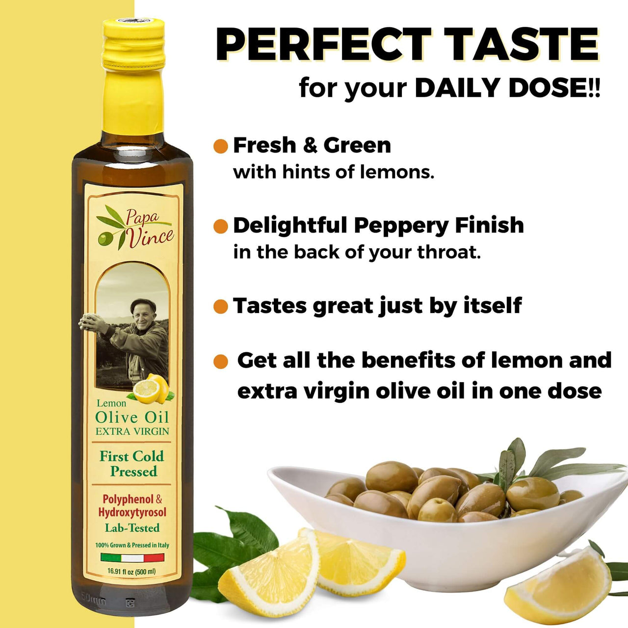 Papa Vince Lemon Olive Oil Extra Virgin First Cold Pressed Agrumato, Harvest 2024/25 Sicily, Italy, NO PESTICIDES, NO CHEMICALS, NO ARTIFICIAL FLAVORS, Unblended Unfiltered, Peppery Finish, 16.9 fl oz