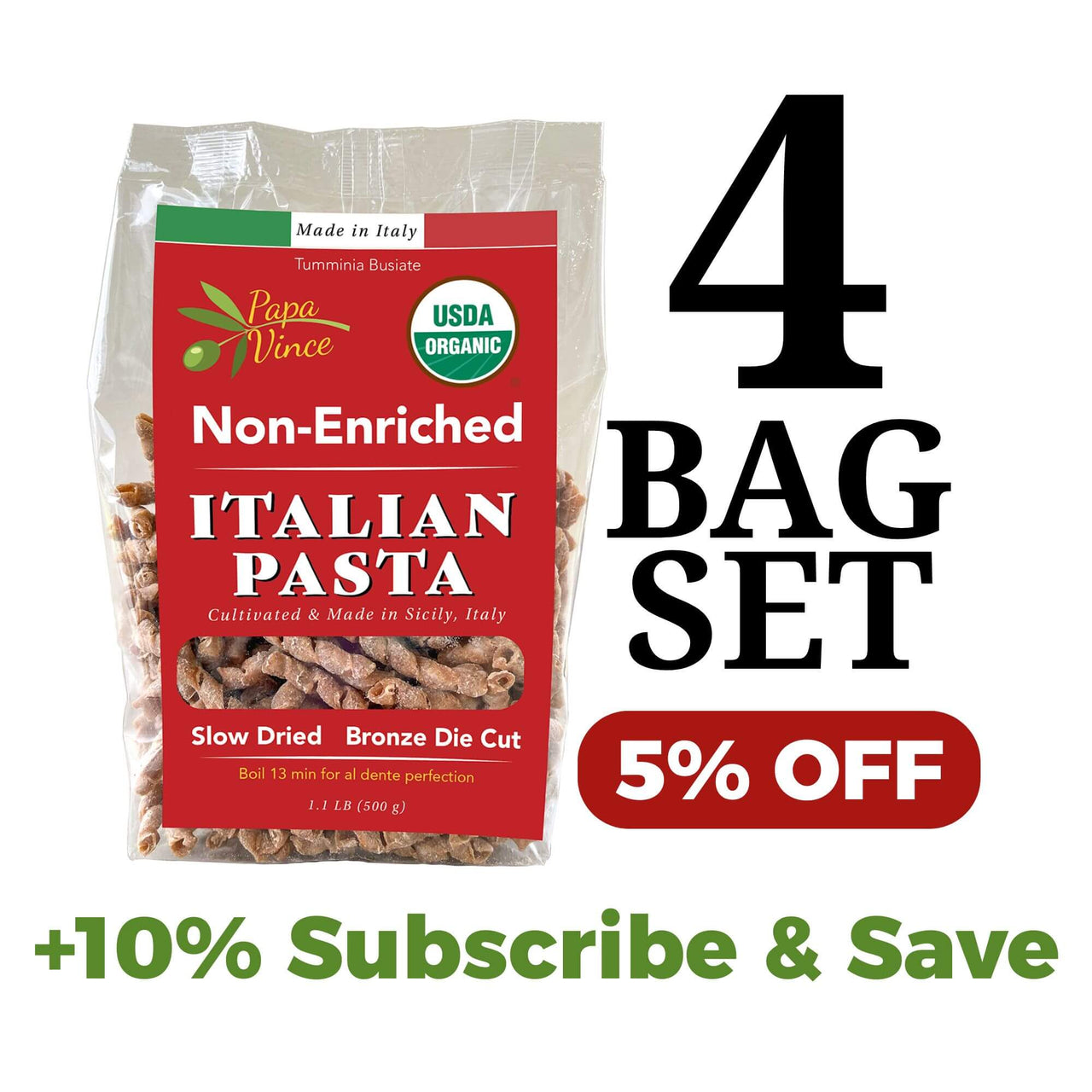 Papa Vince Non Enriched Whole Wheat Pasta - Organic Ancient Heirloom Grain, High Protein, High Fiber, Low GI, Non-GMO, Slow Dried, Bronze Die Cut Artisanal Busiate Corkscrew Pasta