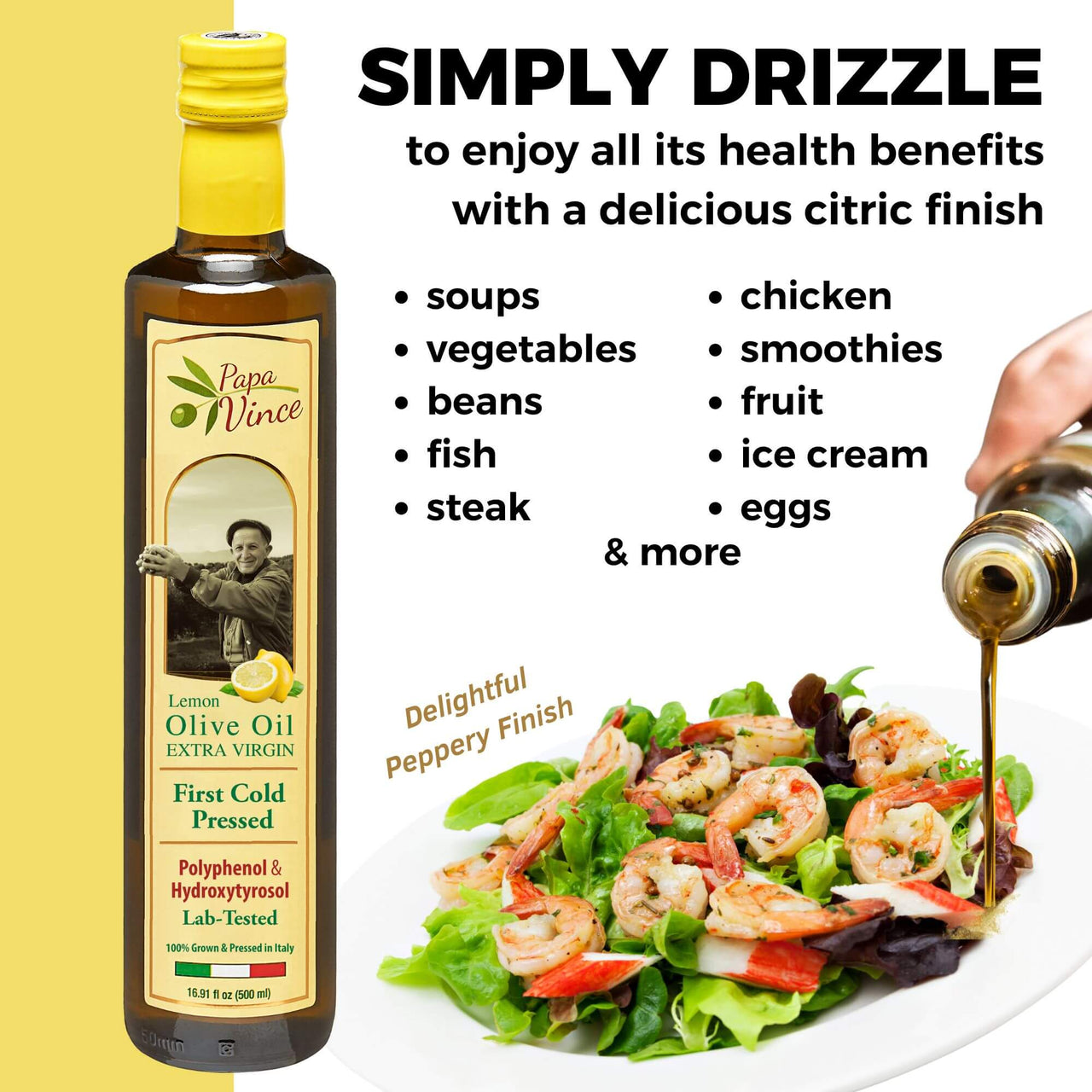 Papa Vince Lemon Olive Oil Extra Virgin First Cold Pressed Agrumato, Harvest 2024/25 Sicily, Italy, NO PESTICIDES, NO CHEMICALS, NO ARTIFICIAL FLAVORS, Unblended Unfiltered, Peppery Finish, 16.9 fl oz