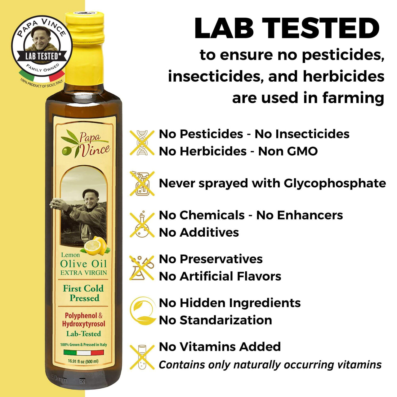 Papa Vince Lemon Olive Oil Extra Virgin First Cold Pressed Agrumato, Harvest 2024/25 Sicily, Italy, NO PESTICIDES, NO CHEMICALS, NO ARTIFICIAL FLAVORS, Unblended Unfiltered, Peppery Finish, 16.9 fl oz