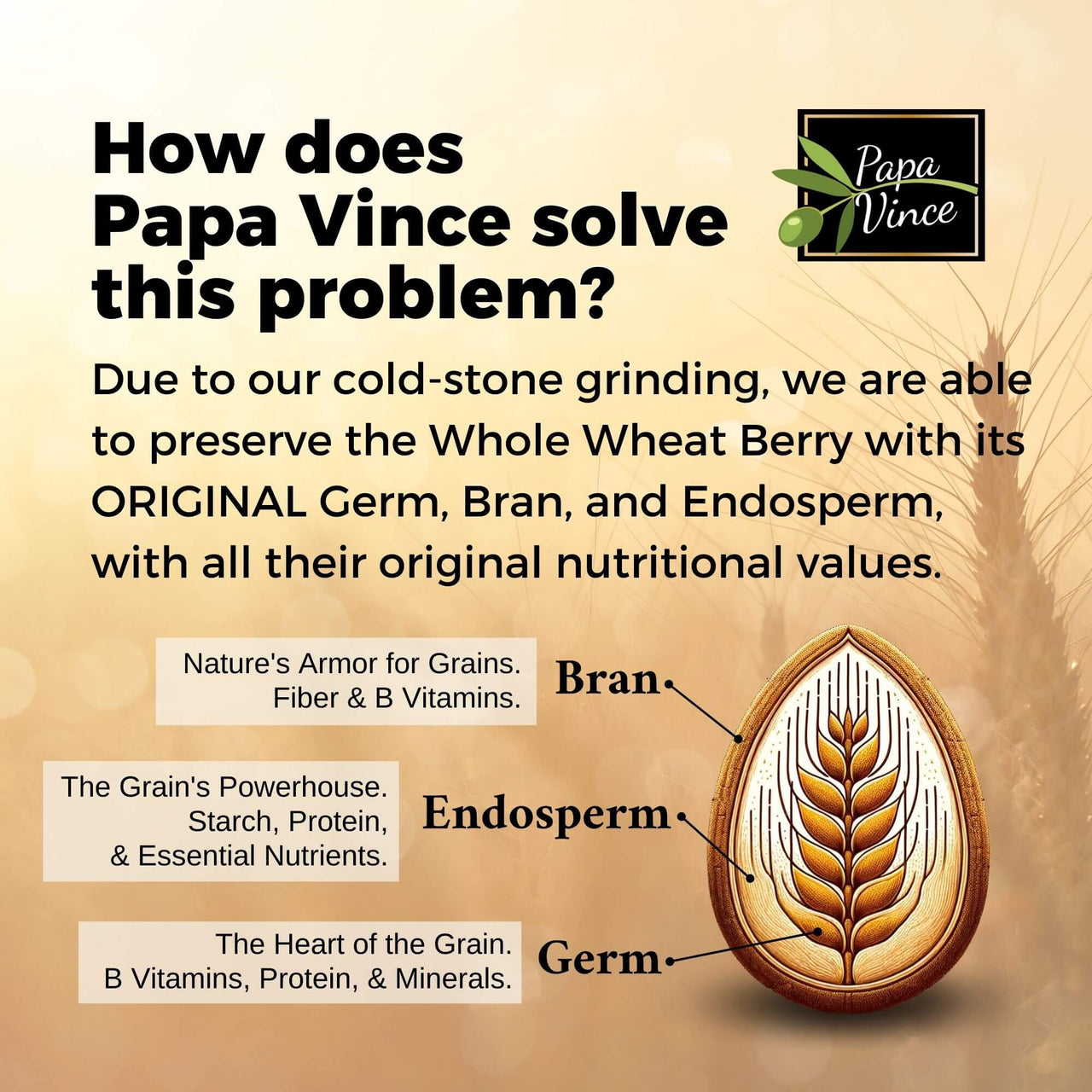 Papa Vince preserves whole wheat’s original germ, bran, and endosperm with cold-stone grinding, ensuring all-natural fiber, B vitamins, and essential nutrients remain intact.