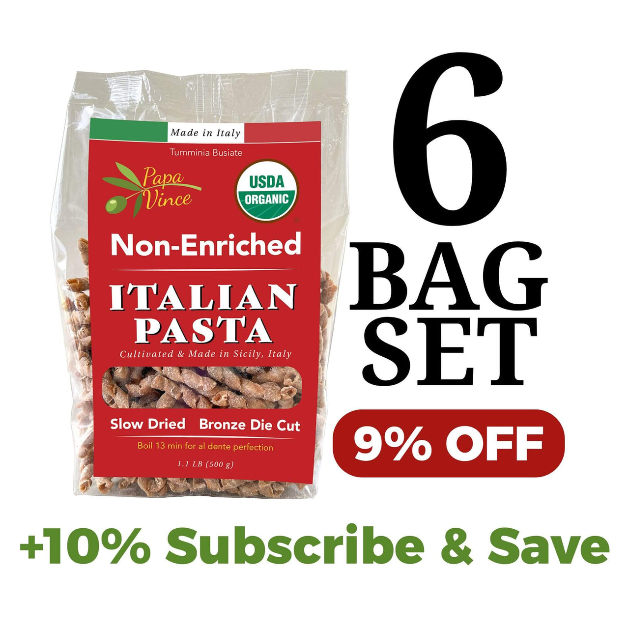 Papa Vince Non Enriched Whole Wheat Pasta - Organic Ancient Heirloom Grain, High Protein, High Fiber, Low GI, Non-GMO, Slow Dried, Bronze Die Cut Artisanal Busiate Corkscrew Pasta