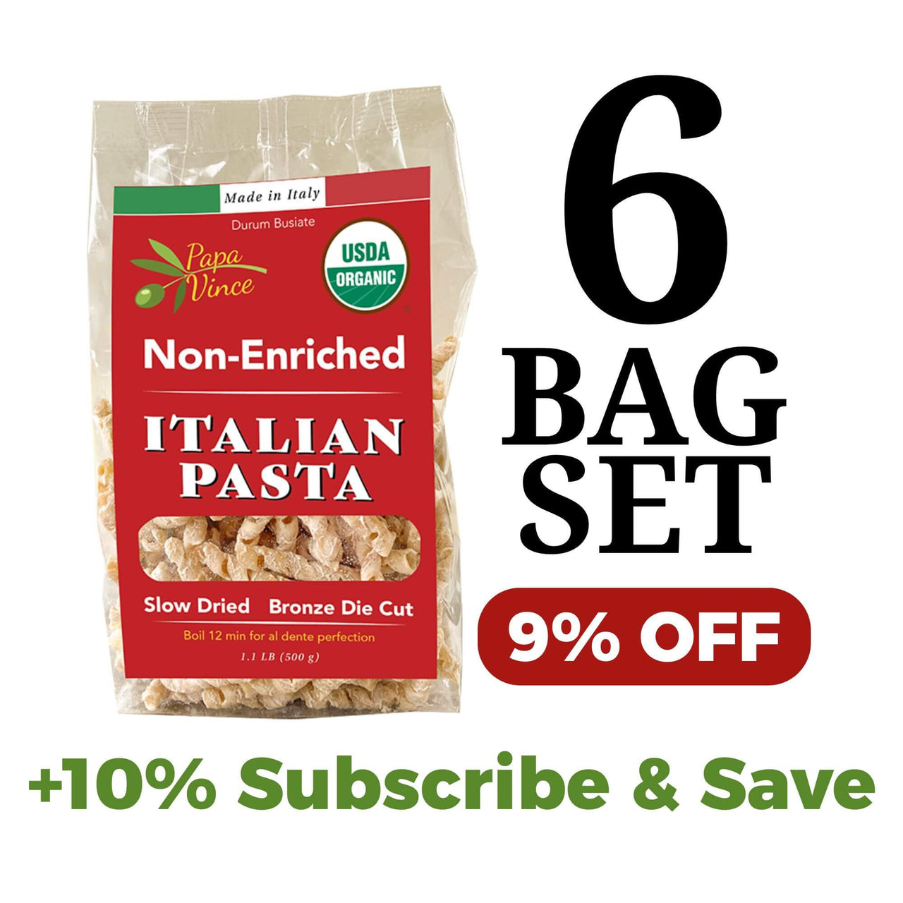 Papa Vince Non Enriched Whole Wheat Pasta - Non Fortified, No Folic Acid, Non-GMO Heirloom Ancient Grains, Artisan Slow Dried, Bronze Die Cut