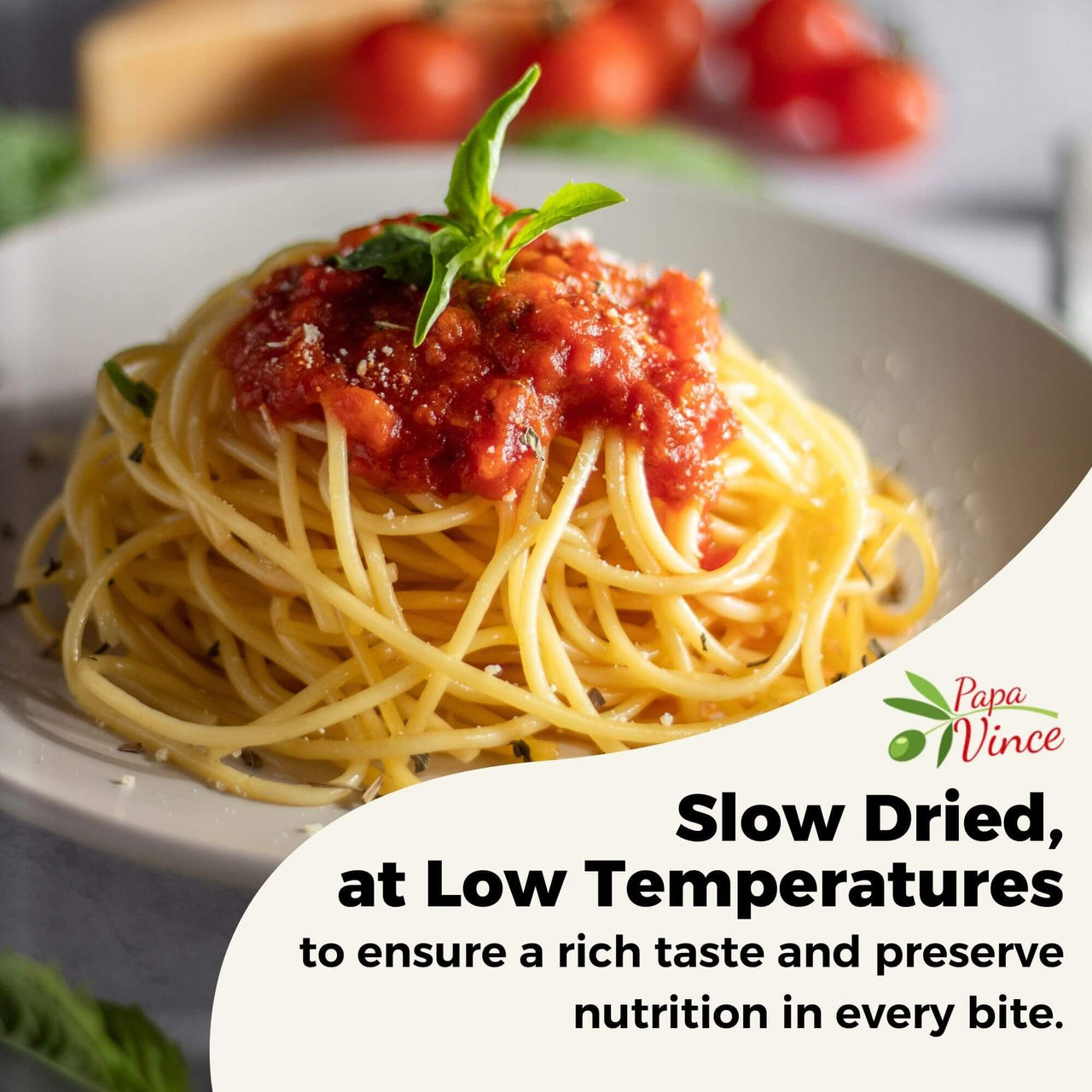 Papa Vince slow-dried spaghetti pasta, made at low temperatures to preserve natural nutrients, antioxidants, and rich Italian flavor. Authentic Sicilian pasta with a perfect al dente texture.