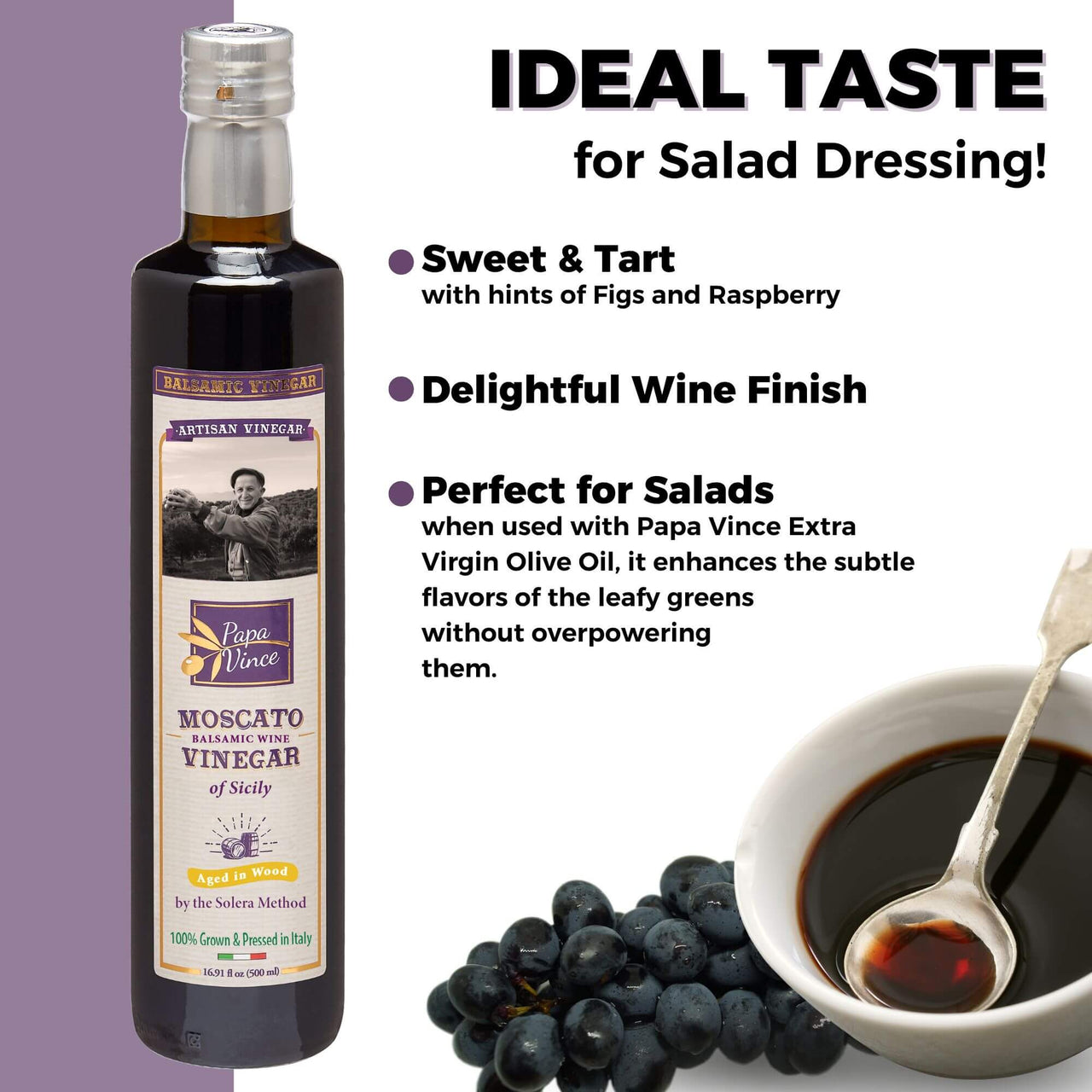 Balsamic Vinegar Red Wine Moscato - Clean Food, with hints of Figs, Raspberry & Homemade Wine aged 8-years in Oak & Chestnut wood in small batches by our family from Sicily, Italy | 16.91 fl oz - Papa Vince - Papa Vince