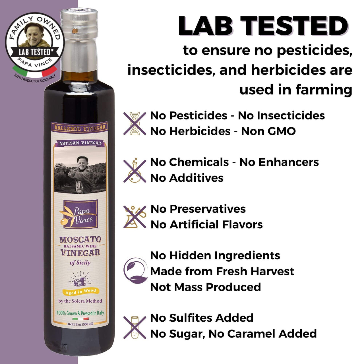 Balsamic Vinegar Red Wine Moscato - Clean Food, with hints of Figs, Raspberry & Homemade Wine aged 8-years in Oak & Chestnut wood in small batches by our family from Sicily, Italy | 16.91 fl oz - Papa Vince - Papa Vince