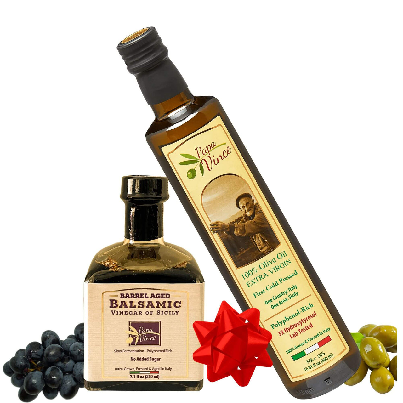 Papa Vince Olive Oil & Balsamic Vinegar Gift Set – Made in Italy, Family-Grown in Sicily. Features Sipping-Quality, Organic, Polyphenol-Rich EVOO & Slowly Aged, No-Sugar-Added Balsamic Vinegar