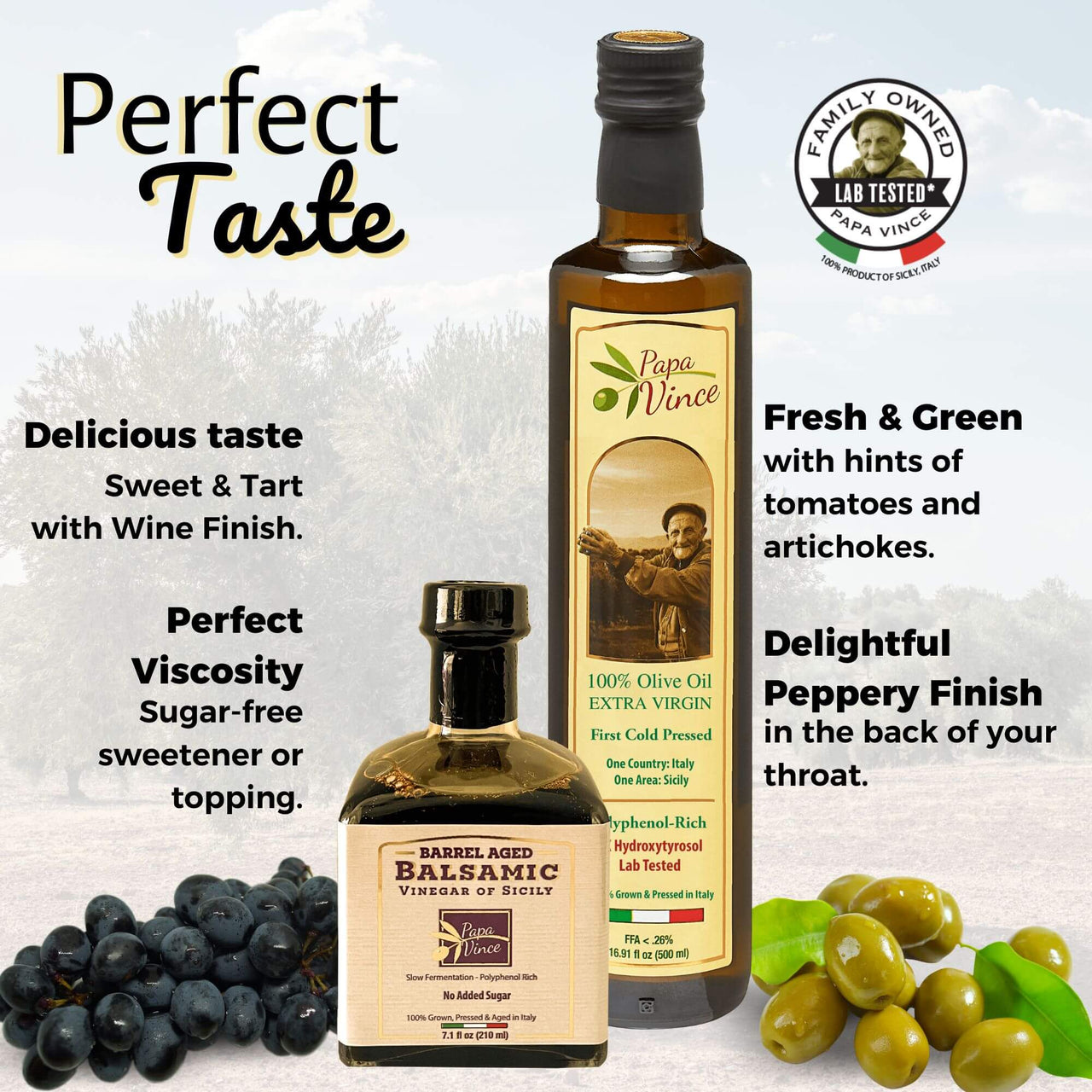 Papa Vince Olive Oil & Balsamic Vinegar Gift Set – Made in Italy, Family-Grown in Sicily. Features Sipping-Quality, Organic, Polyphenol-Rich EVOO & Slowly Aged, No-Sugar-Added Balsamic Vinegar