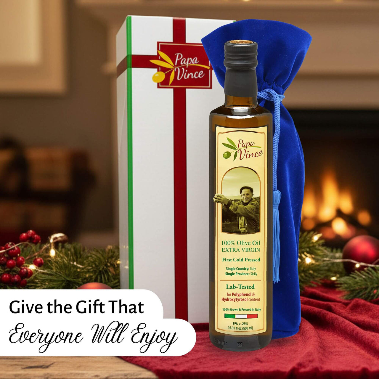 Papa Vince Olive Oil Extra Virgin Gift - Unblended, Family Harvest 2024/25, High in Polyphenols, Single Estate, First Cold Pressed, Sicily, Italy, Peppery Finish, Unfiltered, Unrefined, Velvet Blue - Papa Vince