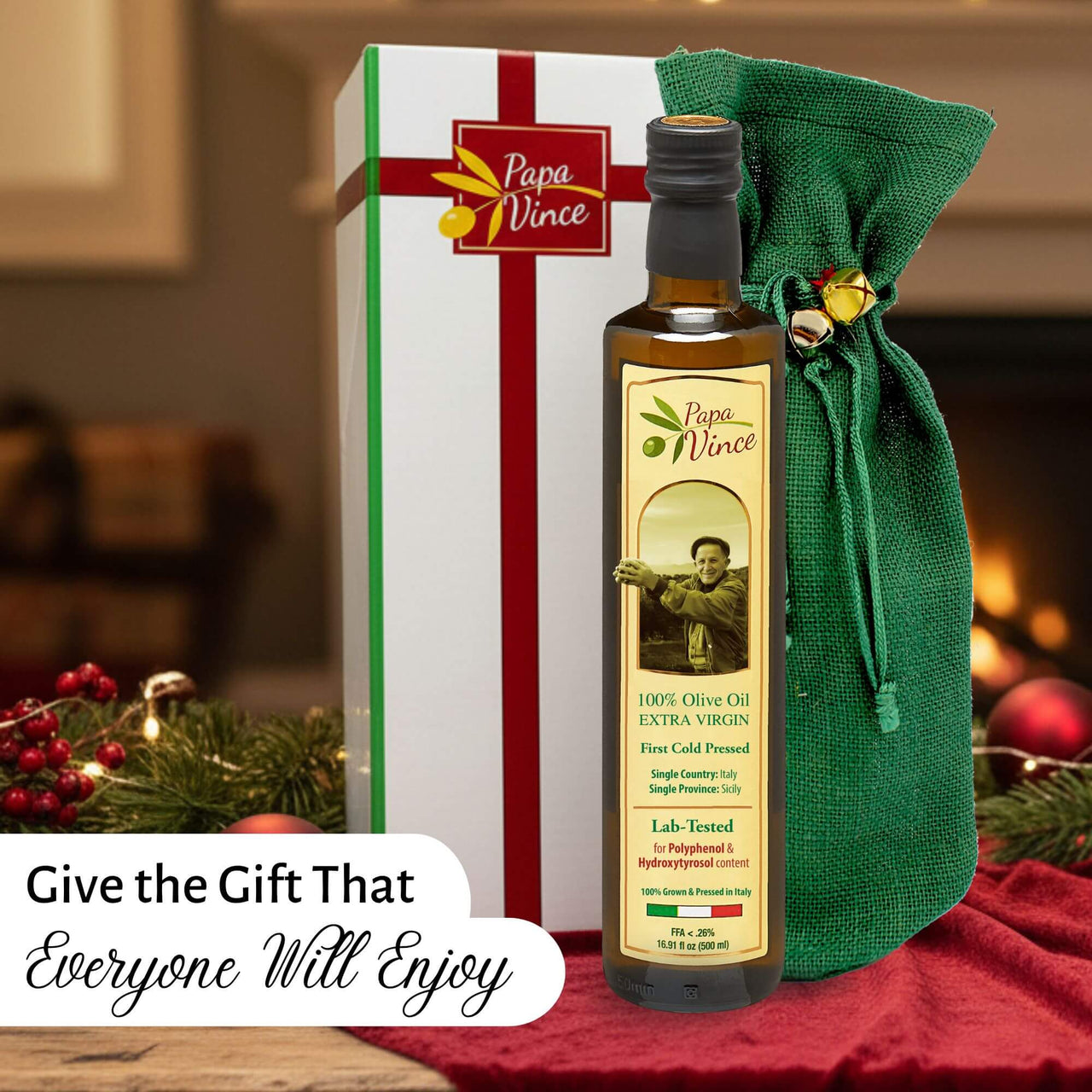 Papa Vince Olive Oil Extra Virgin Gift - Unblended, Family Harvest 2024/25, High in Polyphenols, Single Estate, First Cold Pressed, Sicily, Italy, Peppery Finish, Unfiltered, Unrefined, Green Bag