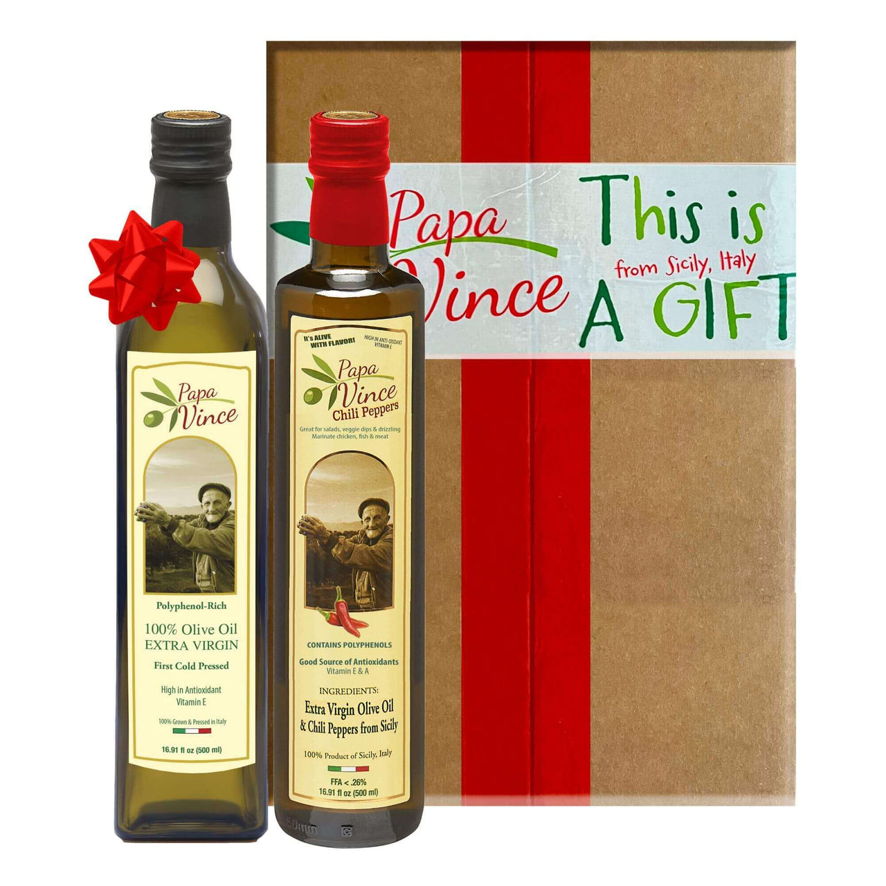 Polyphenol Rich Olive Oil Extra Virgin from Sicily, Italy. Classic & Chili Pepper Fused Olive Oil. Agrumato, Unblended, First Cold Pressed, Single Sourced, Unfiltered, Unrefined, Robust, Mild hot finish, High in Antioxidants EVOO Gift Set - Papa Vince