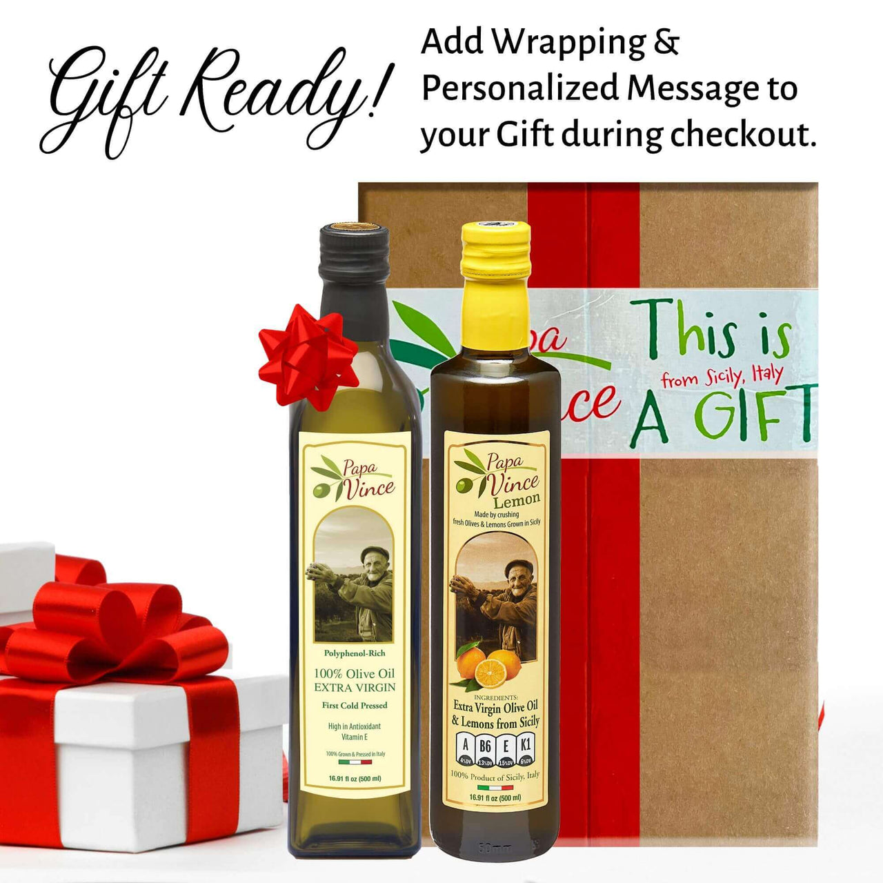 Polyphenol Rich Olive Oil, Good Tasting, Cold Pressed, Extra Virgin Agrumato Fused Lemon Olive Oil from Sicily, Italy. 2-Piece Gift Set - Papa Vince