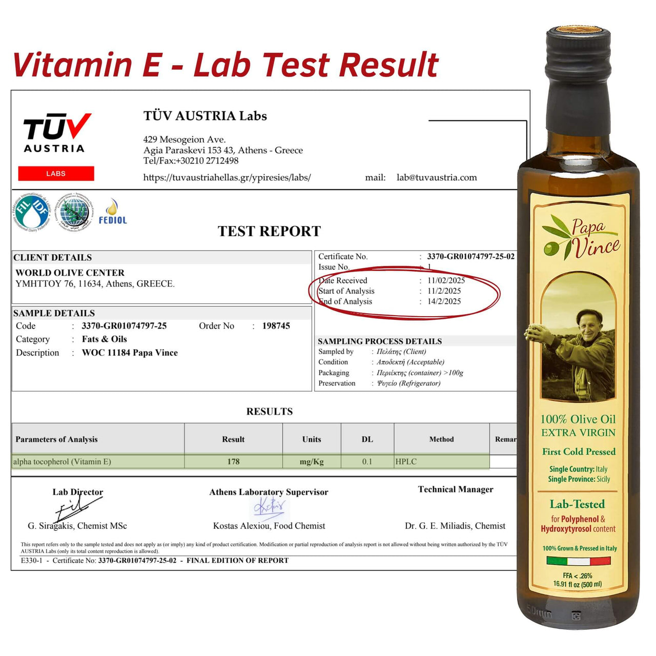 Lab Tested for Vitamin E - Olive Oil that contains vitamins and antioxidants