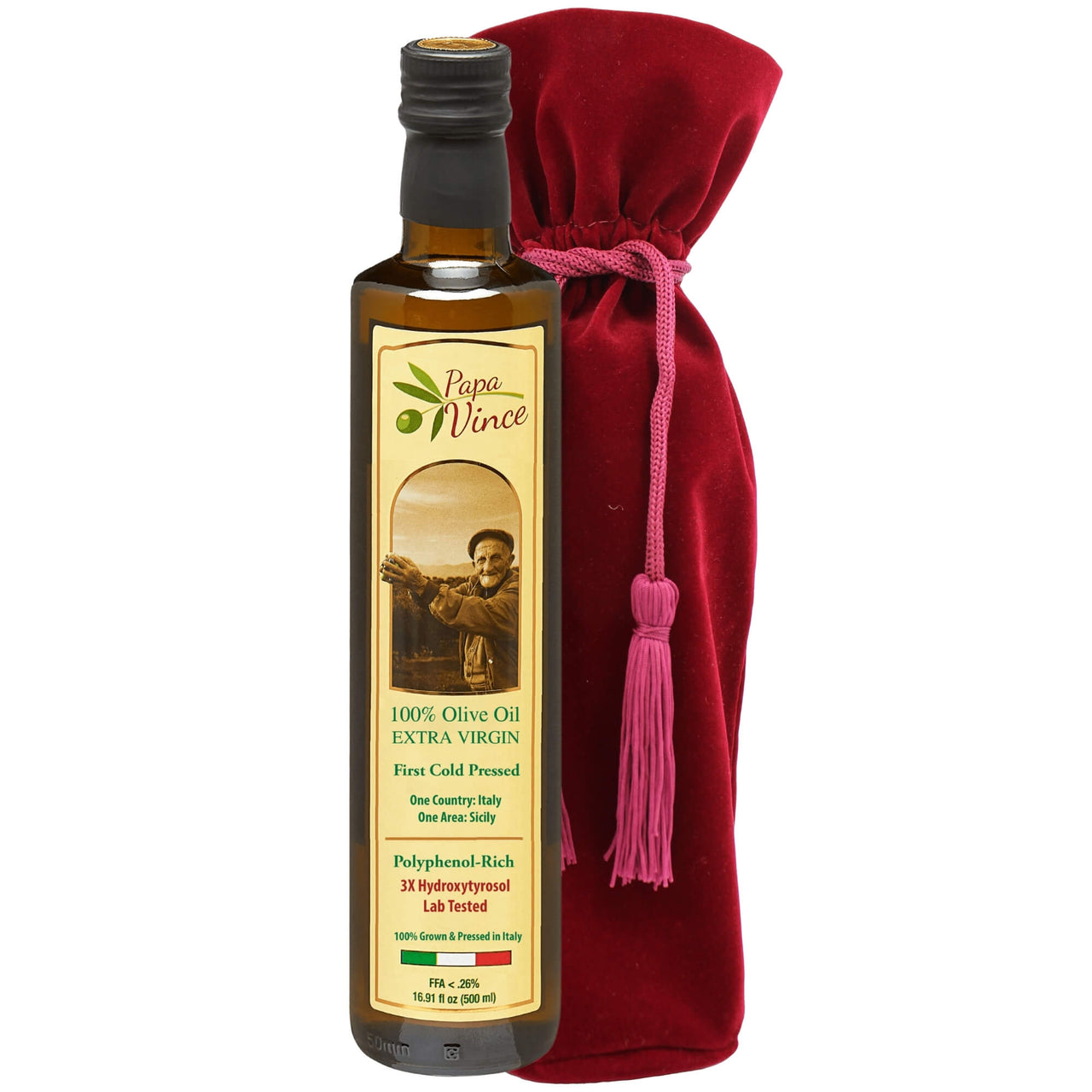 Papa Vince Olive Oil Extra Virgin Gift - Unblended, Family Harvest 2024/25, High in Polyphenols, Single Estate, First Cold Pressed, Sicily, Italy, Peppery Finish, Unfiltered, Unrefined, Velvet Burgundy - Papa Vince