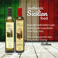 Thumbnail for Polyphenol Rich Olive Oil Extra Virgin from Sicily, Italy. Classic & Chili Pepper Fused Olive Oil. Agrumato, Unblended, First Cold Pressed, Single Sourced, Unfiltered, Unrefined, Robust, Mild hot finish, High in Antioxidants EVOO Gift Set - Papa Vince