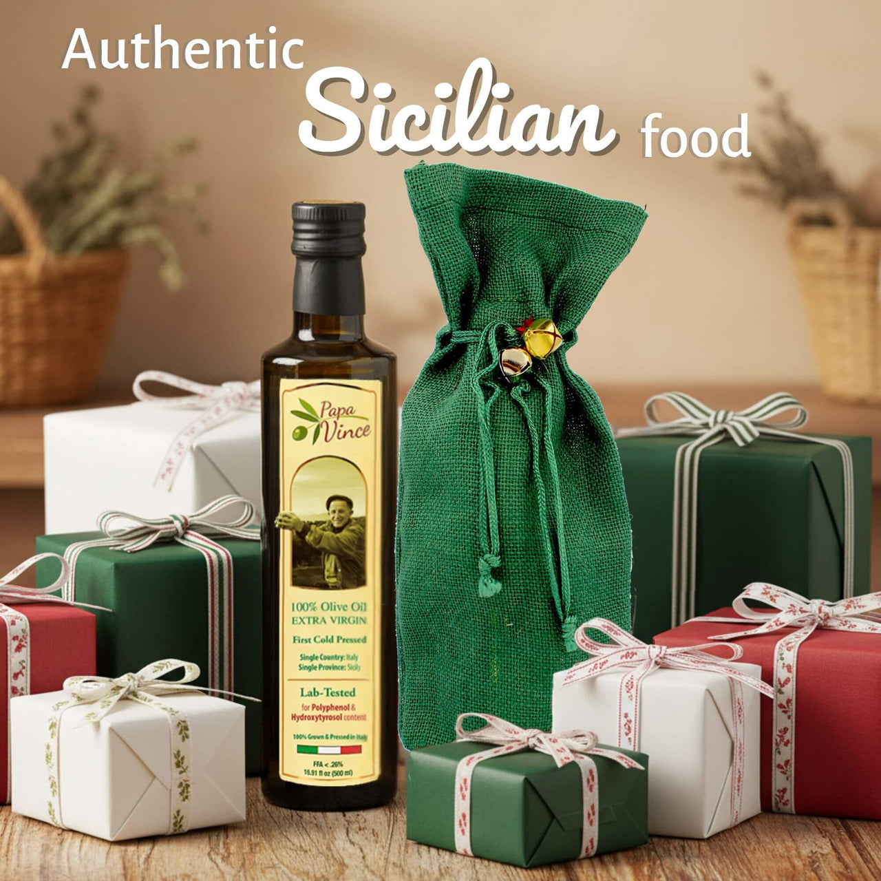 Papa Vince Olive Oil Extra Virgin Gift - Unblended, Family Harvest 2024/25, High in Polyphenols, Single Estate, First Cold Pressed, Sicily, Italy, Peppery Finish, Unfiltered, Unrefined, Green Bag