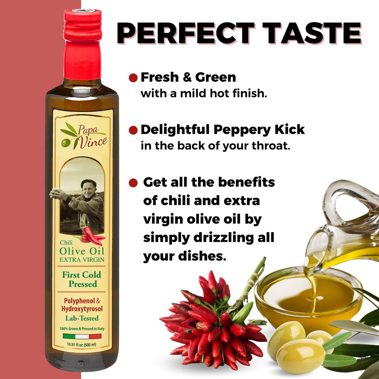 Chili Pepper Olive Oil Extra Virgin - Unblended, Single Estate, Single Source, Single Family Sicily Italy, Harvest Dec 2024/2025, First Cold Pressed, High in Antioxidants, Polyphenol Rich, Unfiltered, Unrefined - Papa Vince